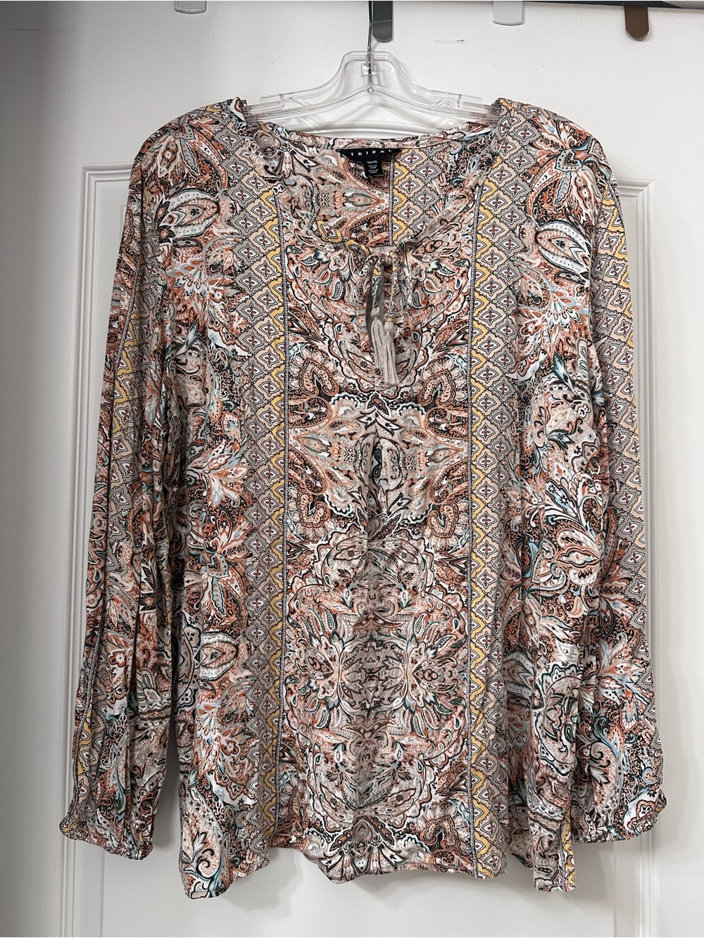 Tribal Women's Paisley Print Long-Sleeve Blouse in Cream, Coral, Brown & Teal